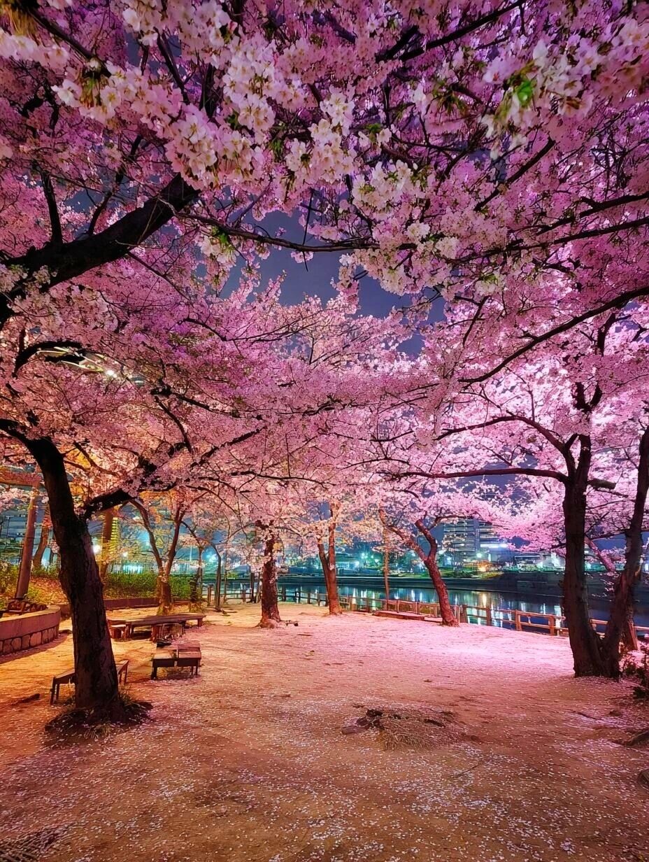 夜樱将城市染成梦境，霓虹与花影在玻璃上交叠，像我们未说出口的告白